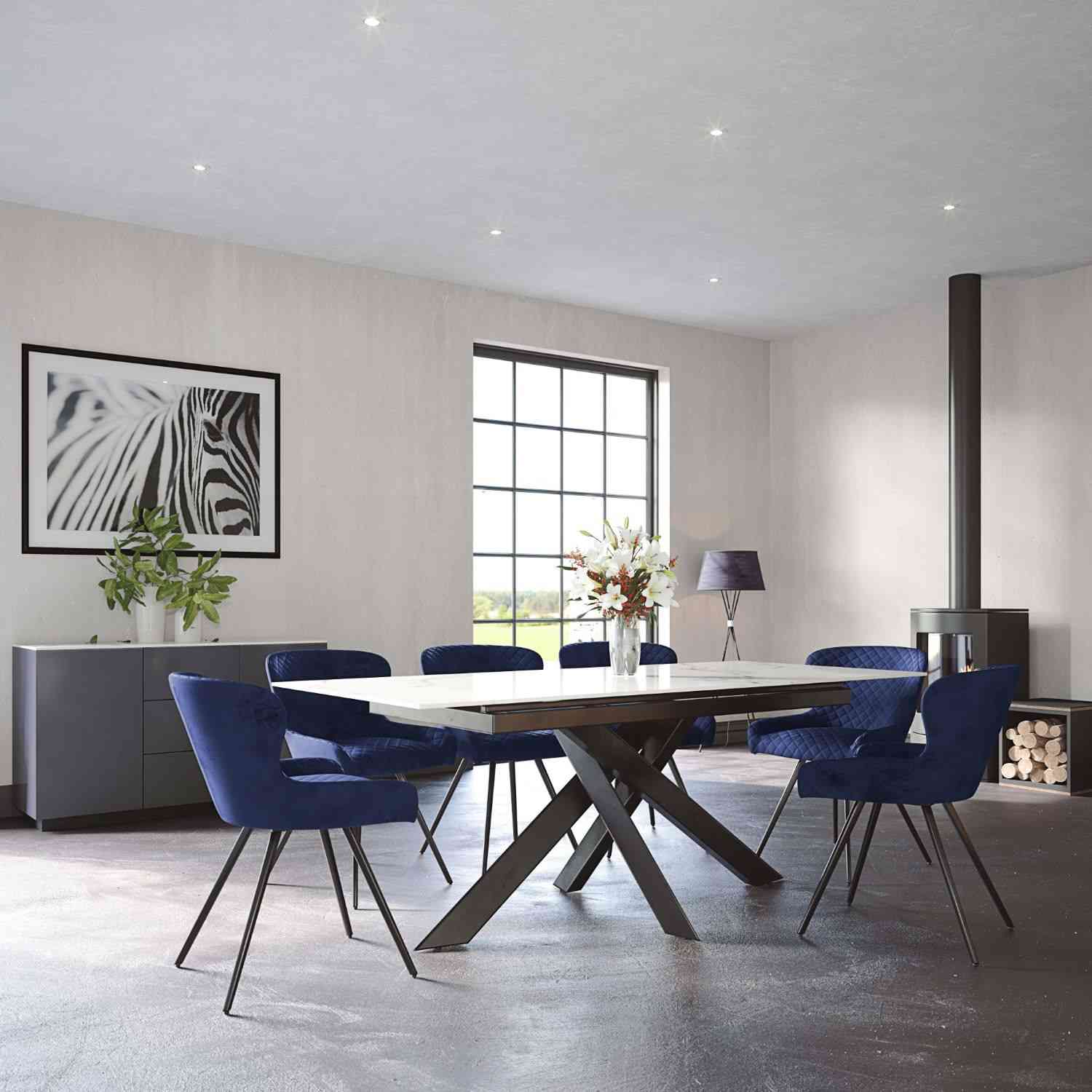 Extending Dining Table - 160cm To 200cm With 4 Blue And 2 Grey Dining Chairs
