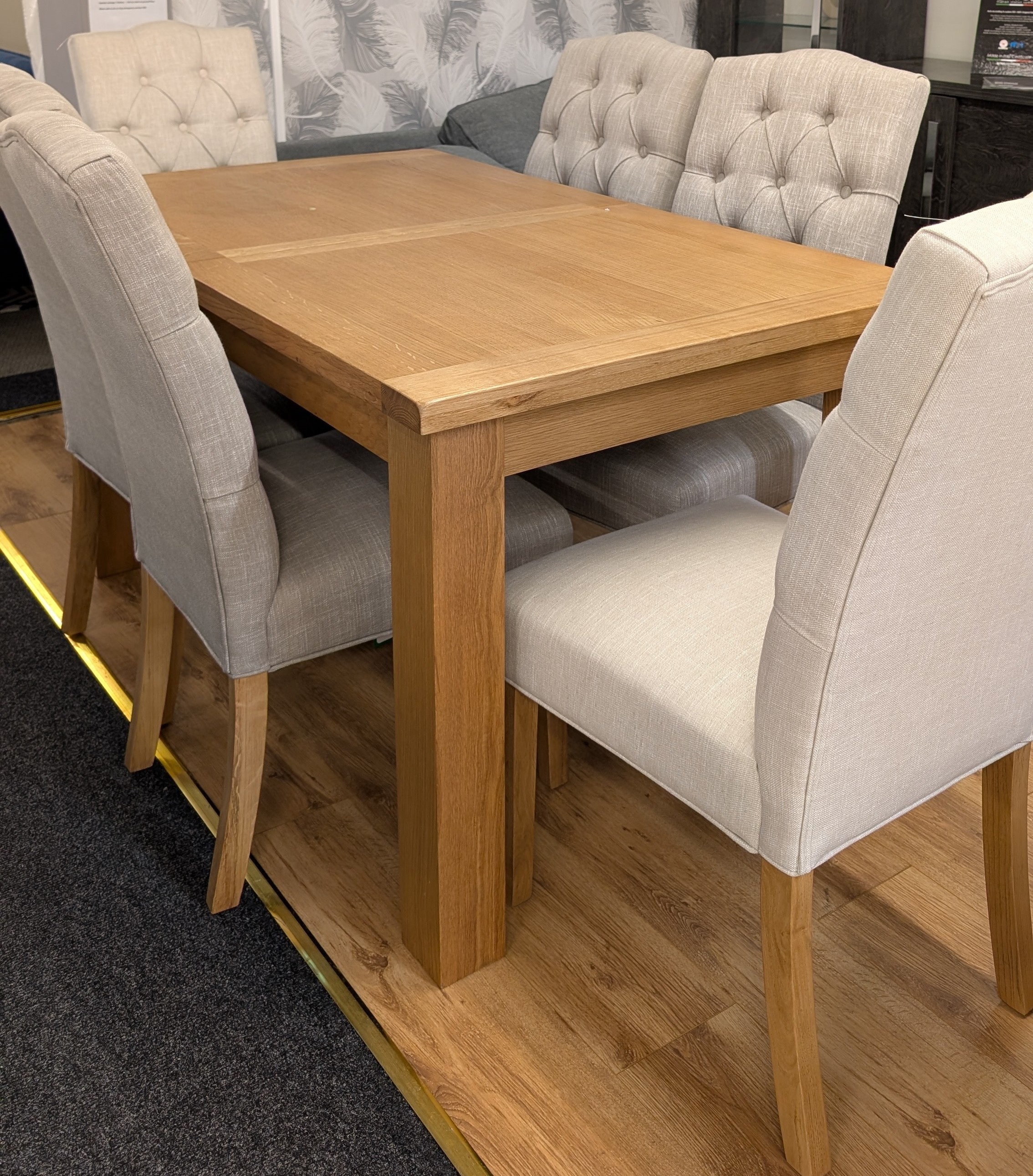 Oak Extending Dining Table + 6 Fabric Dining Chairs