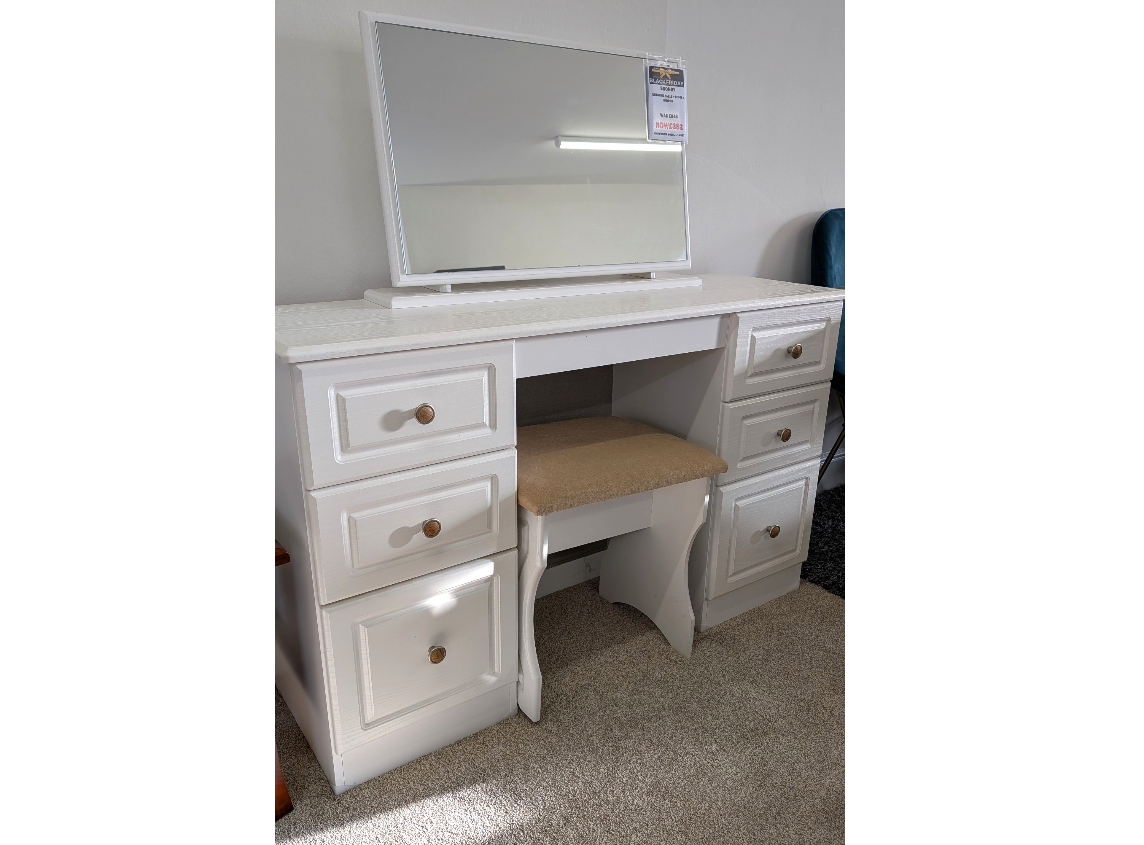 Dressing Table With 6 Drawers, Mirror + Stool 