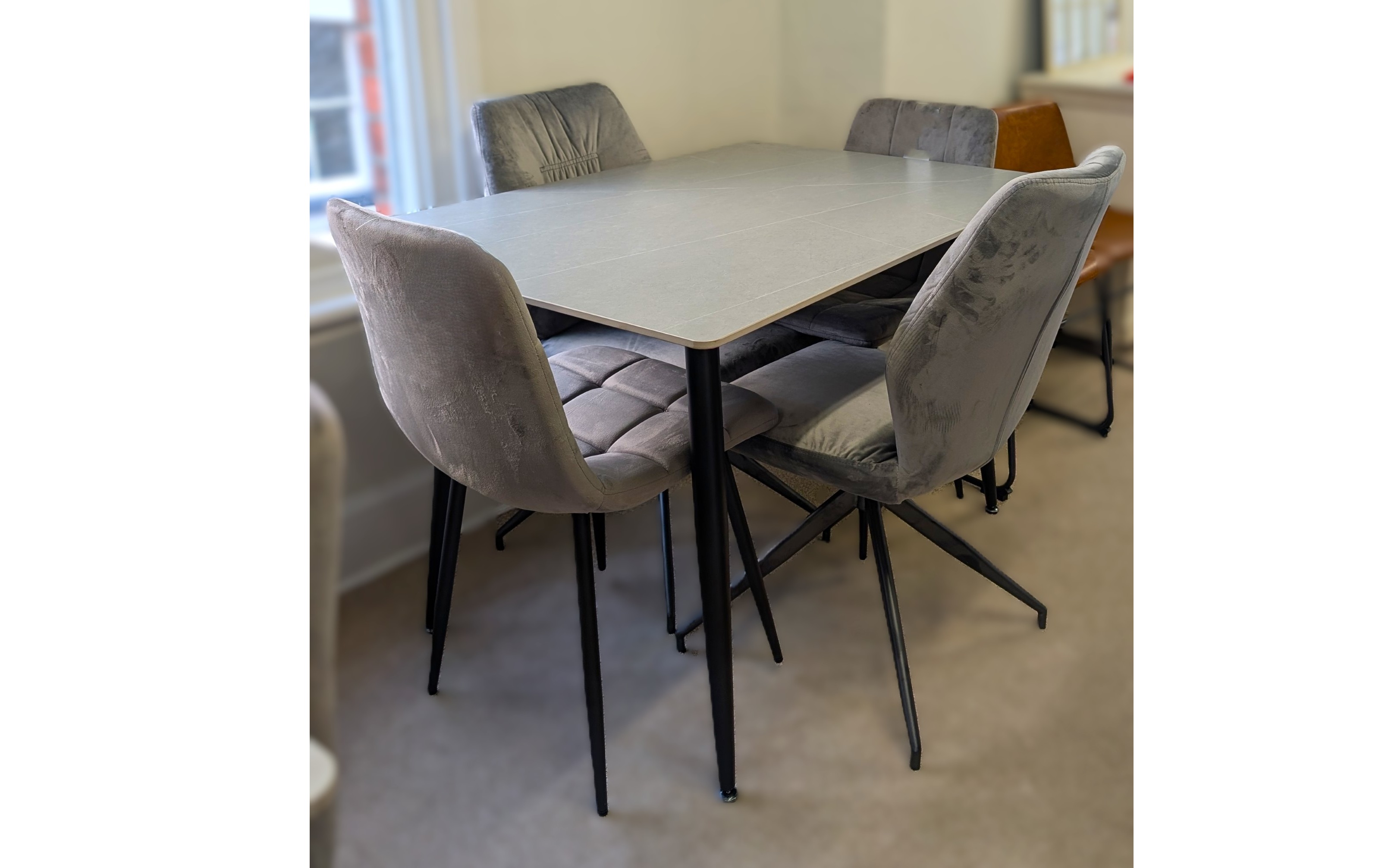 Grey Stone Dining Table + 4 Grey Velvet Dining Chairs